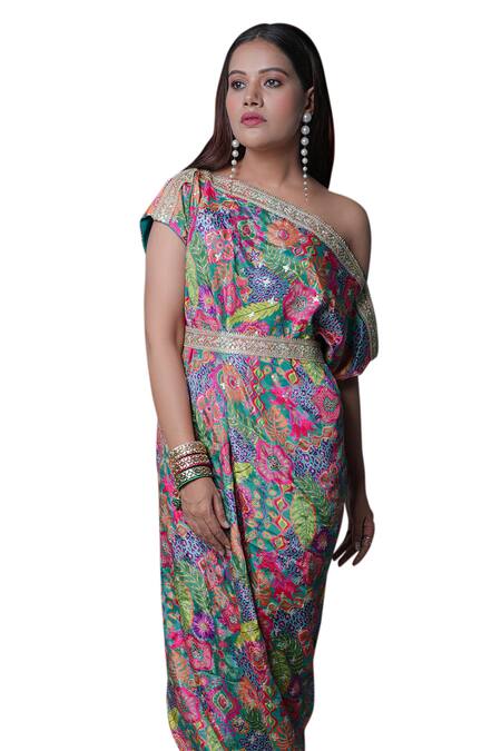 Buy_Meghna Shah_Multi Color Chinon Printed Floral Asymmetric Off-shoulder Dress _Online_at_Aza_Fashions