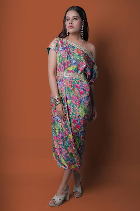 Meghna Shah_Multi Color Chinon Printed Floral Asymmetric Off-shoulder Dress _at_Aza_Fashions
