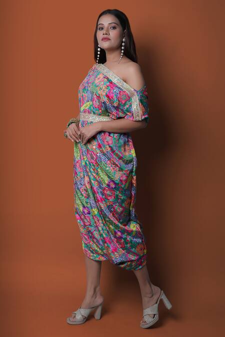 Buy_Meghna Shah_Multi Color Chinon Printed Floral Asymmetric Off-shoulder Dress 