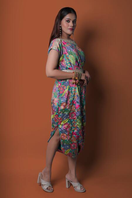 Shop_Meghna Shah_Multi Color Chinon Printed Floral Asymmetric Off-shoulder Dress 