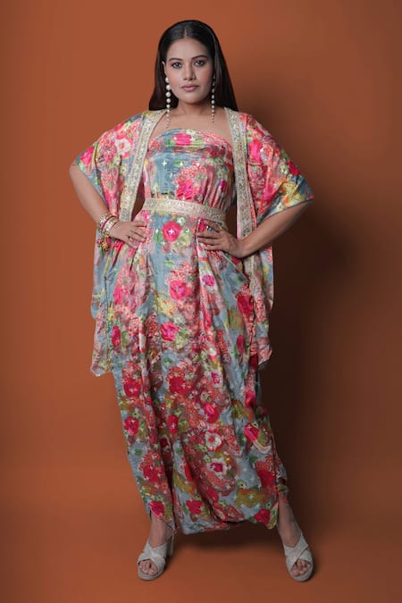 Meghna shah Floral Print Jumpsuit With Cape 