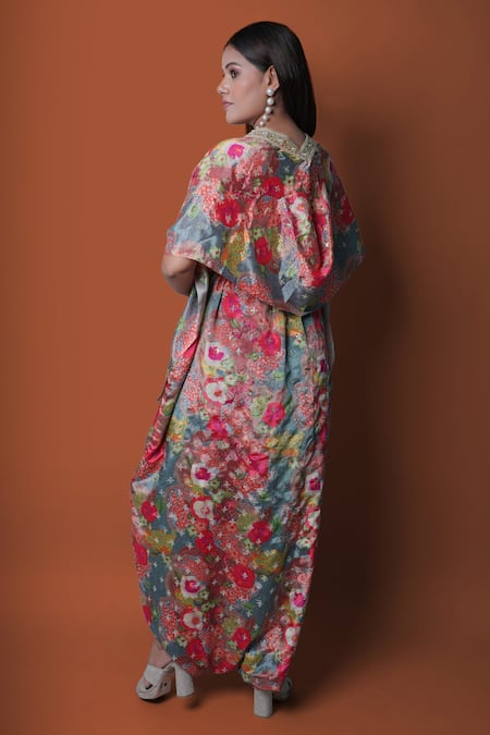 Shop_Meghna Shah_Multi Color Chinon Printed Floral Jumpsuit Straight With Cape _at_Aza_Fashions
