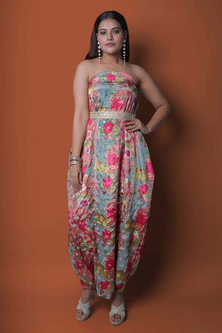 Buy_Meghna Shah_Multi Color Chinon Printed Floral Jumpsuit Straight With Cape _Online_at_Aza_Fashions
