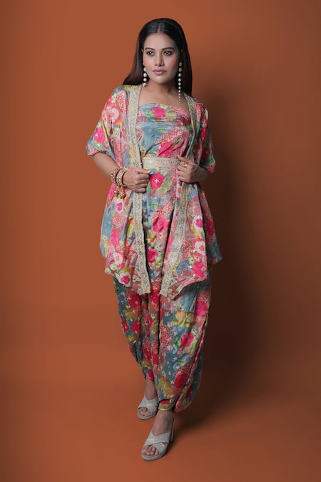 Buy_Meghna Shah_Multi Color Chinon Printed Floral Jumpsuit Straight With Cape 