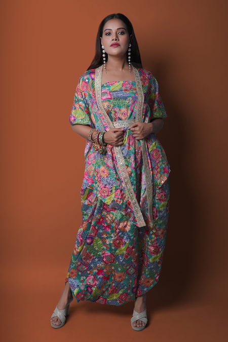 Meghna shah Floral Print Draped Jumpsuit With Cape 