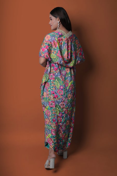 Meghna Shah Floral Print Draped Jumpsuit With Cape 