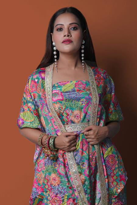 Meghna Shah_Multi Color Chiffon Embroidery Square Floral Print Draped Jumpsuit With Cape _Online_at_Aza_Fashions