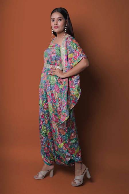 Buy_Meghna Shah_Multi Color Chiffon Embroidery Square Floral Print Draped Jumpsuit With Cape _Online_at_Aza_Fashions