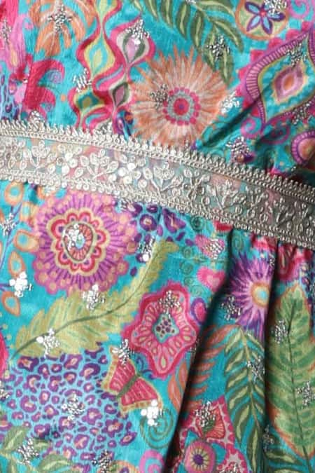 Meghna Shah_Multi Color Chiffon Embroidery Square Floral Print Draped Jumpsuit With Cape _at_Aza_Fashions