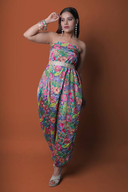 Buy_Meghna Shah_Multi Color Chiffon Embroidery Square Floral Print Draped Jumpsuit With Cape 