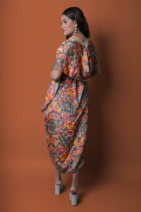 Meghna Shah Printed Draped Jumpsuit With Cape 