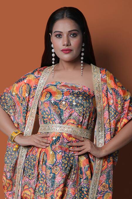 Shop_Meghna Shah_Multi Color Chiffon Embroidery Square Neck Printed Draped Jumpsuit With Cape _Online_at_Aza_Fashions