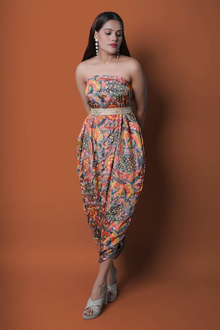 Meghna Shah_Multi Color Chiffon Embroidery Square Neck Printed Draped Jumpsuit With Cape _at_Aza_Fashions