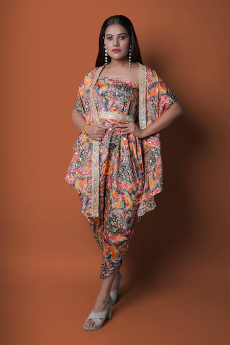 Shop_Meghna Shah_Multi Color Chiffon Embroidery Square Neck Printed Draped Jumpsuit With Cape 