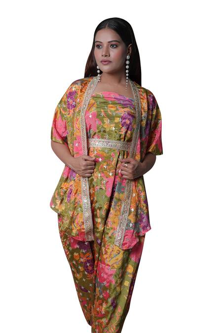 Shop_Meghna Shah_Multi Color Chiffon Embroidery Square Neck Strapless Draped Jumpsuit With Cape _Online_at_Aza_Fashions