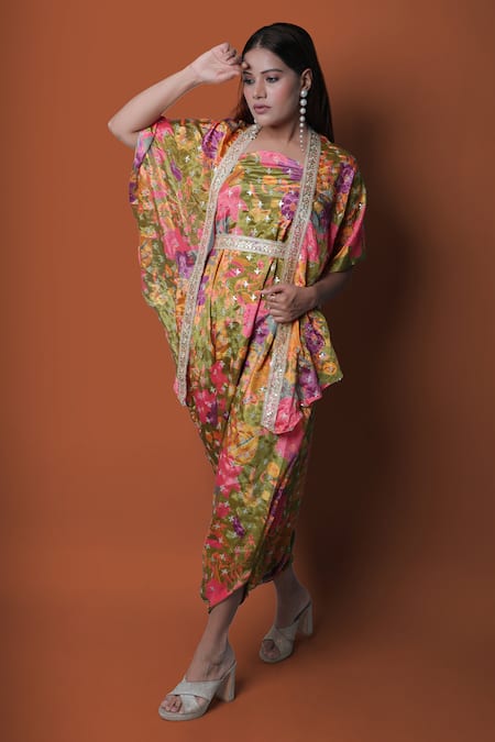 Buy_Meghna Shah_Multi Color Chiffon Embroidery Square Neck Strapless Draped Jumpsuit With Cape 