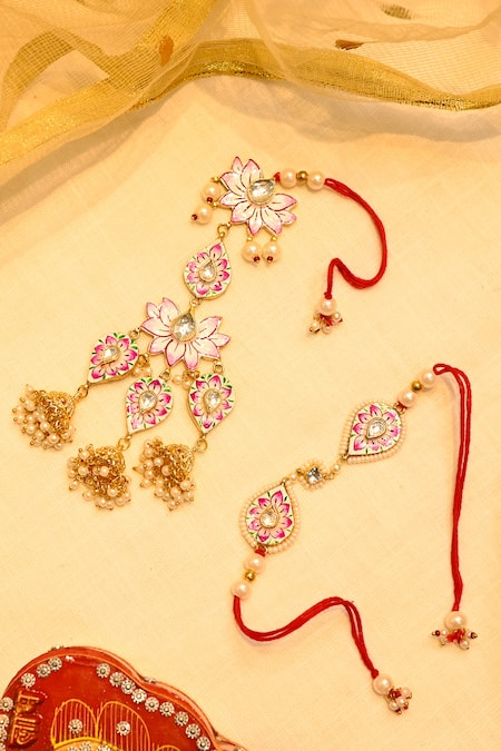 Shlok Jewels Pink Crystals, Gemstones Kundan Work Lumba And Rakhi Set 