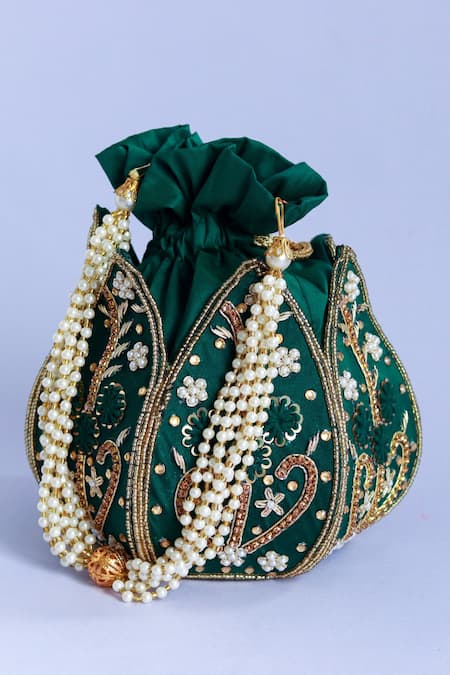Shop_The Tan Clan_Green Zari, Beads, Embroidery Baag Lotus Hand Potli _at_Aza_Fashions