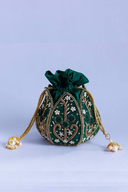 The Tan Clan_Green Zari, Beads, Embroidery Baag Lotus Hand Potli _Online_at_Aza_Fashions