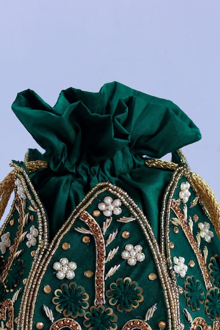 Buy_The Tan Clan_Green Zari, Beads, Embroidery Baag Lotus Hand Potli _Online_at_Aza_Fashions