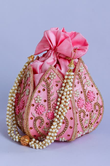 The Tan Clan_Pink Zari, Embroidery, Beads Baag Zardozi Potli _Online_at_Aza_Fashions