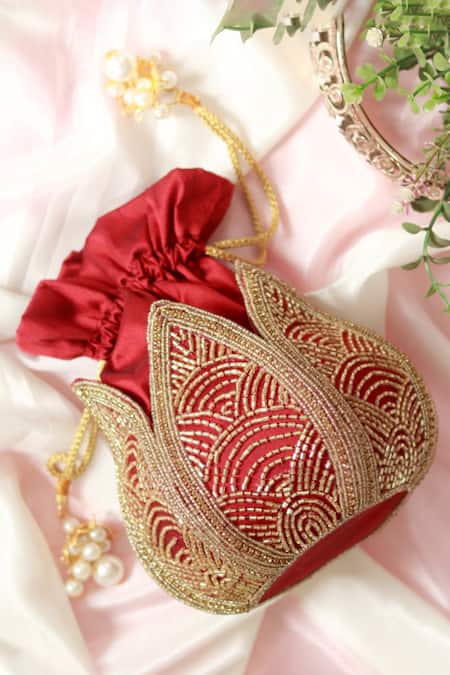 The Tan Clan Maroon Bead Hasta Lotus Embroidered Potli
