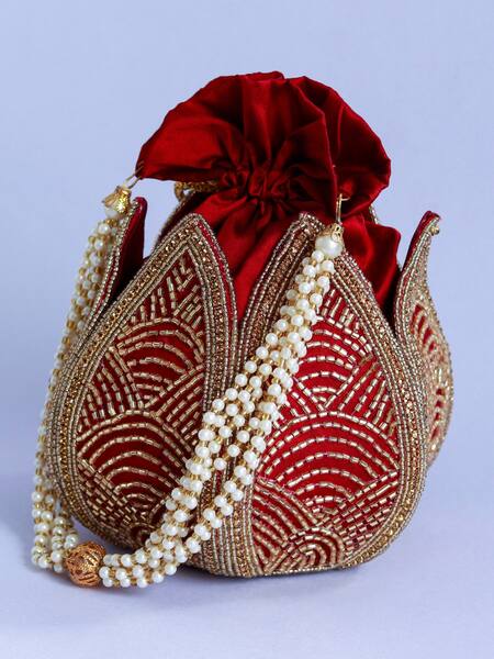 The Tan Clan_Maroon Cut Work, Beads Hasta Lotus Embroidered Potli _Online_at_Aza_Fashions