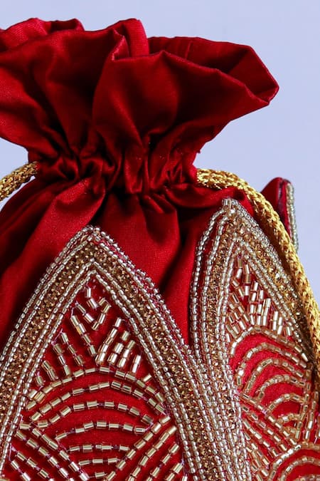 Buy_The Tan Clan_Maroon Cut Work, Beads Hasta Lotus Embroidered Potli _Online_at_Aza_Fashions