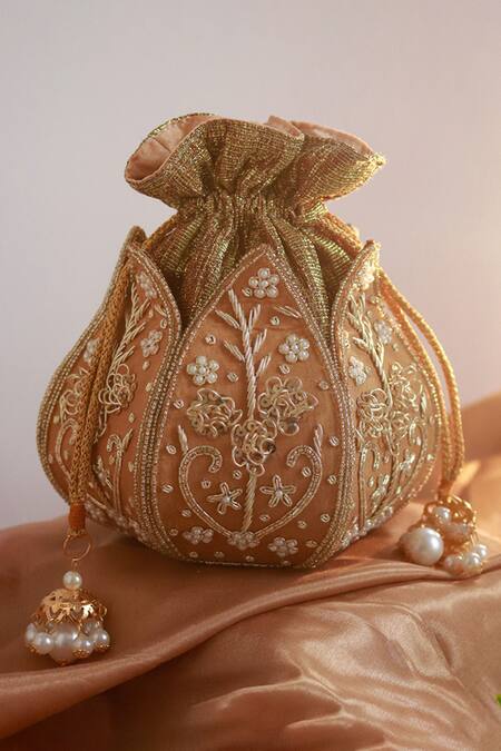 The Tan Clan Gold Cut Work, Pearls, Zari Pushp Silk Hand Embroidered Potli Online at Aza Fashions The Tan Clan_Gold Cut Work, Pearls, Zari Pushp Silk Hand Embroidered Potli _Online_at_Aza_Fashions