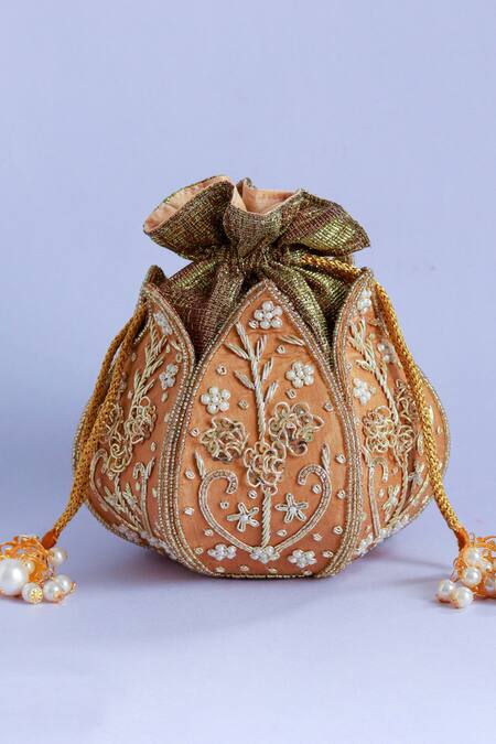 Buy The Tan Clan Gold Cut Work, Pearls, Zari Pushp Silk Hand Embroidered Potli Online at Aza Fashions Buy_The Tan Clan_Gold Cut Work, Pearls, Zari Pushp Silk Hand Embroidered Potli _Online_at_Aza_Fashions