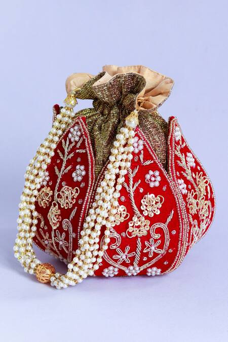 The Tan Clan Red Zardozi Pushp Silk Lotus Embroidered Potli Online at Aza Fashions The Tan Clan_Red Zardozi Pushp Silk Lotus Embroidered Potli _Online_at_Aza_Fashions