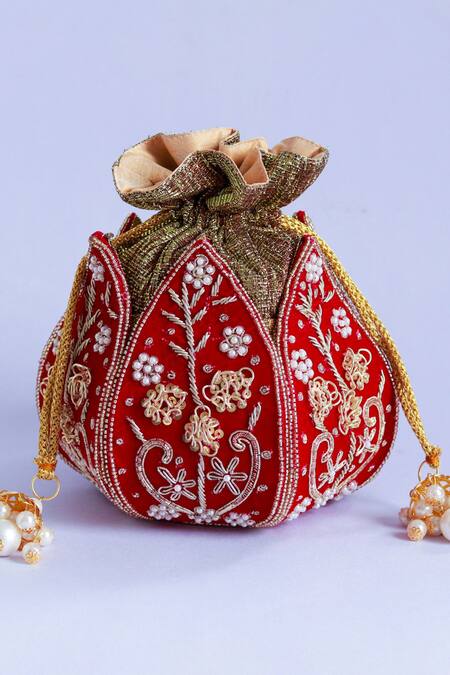 Buy The Tan Clan Red Zardozi Pushp Silk Lotus Embroidered Potli Online at Aza Fashions Buy_The Tan Clan_Red Zardozi Pushp Silk Lotus Embroidered Potli _Online_at_Aza_Fashions