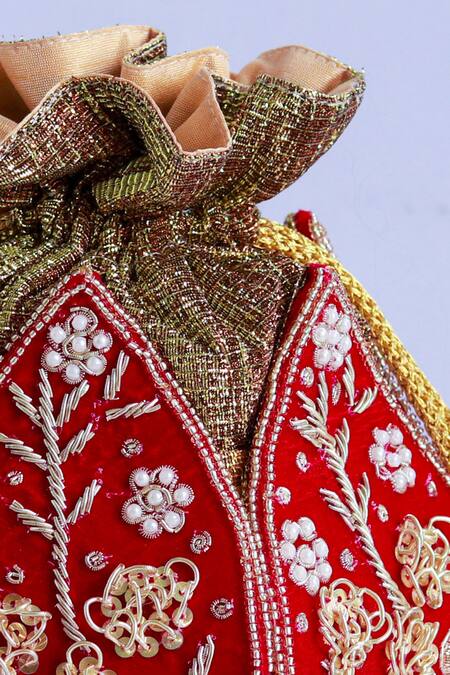 Buy The Tan Clan Red Zardozi Pushp Silk Lotus Embroidered Potli Buy_The Tan Clan_Red Zardozi Pushp Silk Lotus Embroidered Potli
