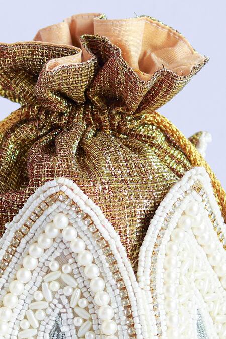 The Tan Clan_White Cut Work, Beads Shravana Pearl Embroidered Potli _Online_at_Aza_Fashions