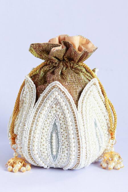 Buy_The Tan Clan_White Cut Work, Beads Shravana Pearl Embroidered Potli _Online_at_Aza_Fashions