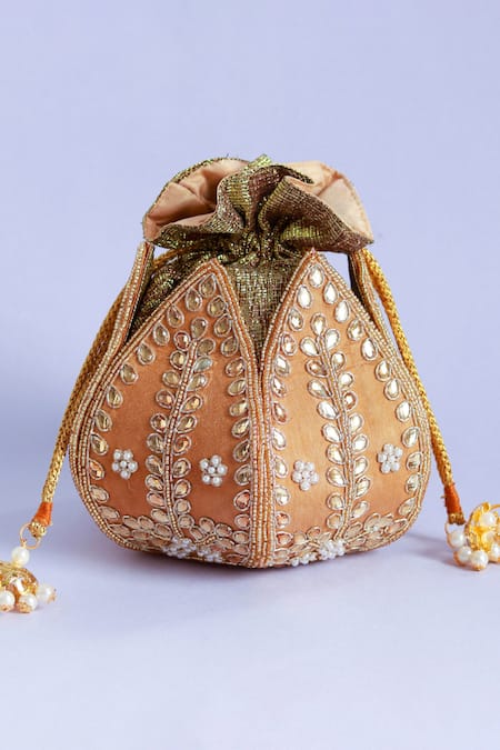 The Tan Clan_Gold Sindh Leaf Embroidered Potli _Online_at_Aza_Fashions
