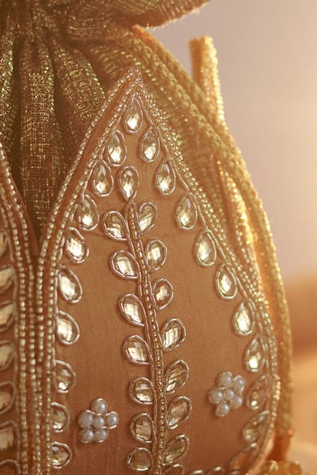 Buy_The Tan Clan_Gold Sindh Leaf Embroidered Potli _Online_at_Aza_Fashions
