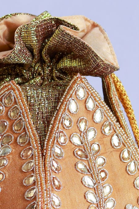 Shop_The Tan Clan_Gold Sindh Leaf Embroidered Potli _Online_at_Aza_Fashions