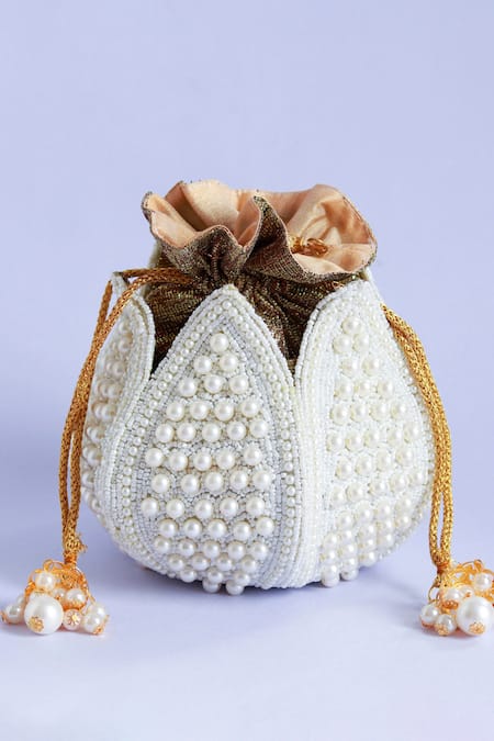 The Tan Clan_White Pearls, Beads Sitara Embroidered Potli _Online_at_Aza_Fashions