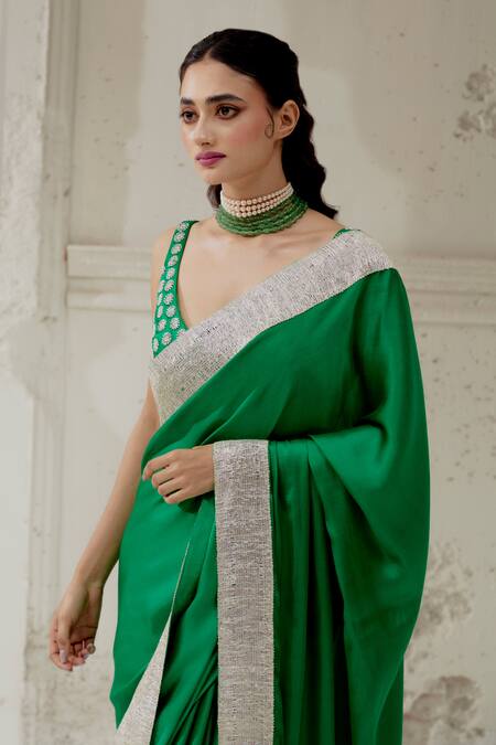 Buy Ranian Green Silk Satin, Linen Gota Patti, Embroidery Plunge Neck Saree With Blouse Online at Aza Fashions Buy_Ranian_Green Silk Satin, Linen Gota Patti, Embroidery Plunge Neck Saree With Blouse _Online_at_Aza_Fashions