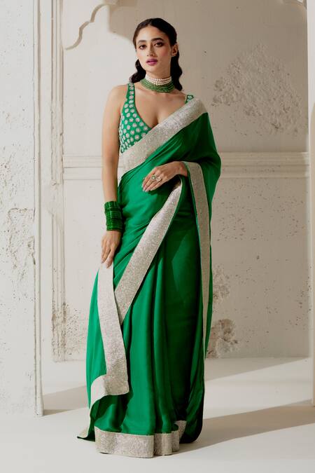 Shop Ranian Green Silk Satin, Linen Gota Patti, Embroidery Plunge Neck Saree With Blouse Online at Aza Fashions Shop_Ranian_Green Silk Satin, Linen Gota Patti, Embroidery Plunge Neck Saree With Blouse _Online_at_Aza_Fashions