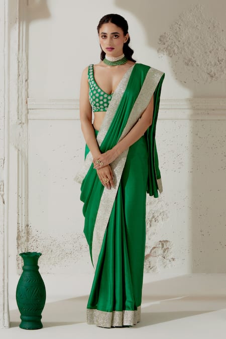Buy Ranian Green Silk Satin, Linen Gota Patti, Embroidery Plunge Neck Saree With Blouse Buy_Ranian_Green Silk Satin, Linen Gota Patti, Embroidery Plunge Neck Saree With Blouse