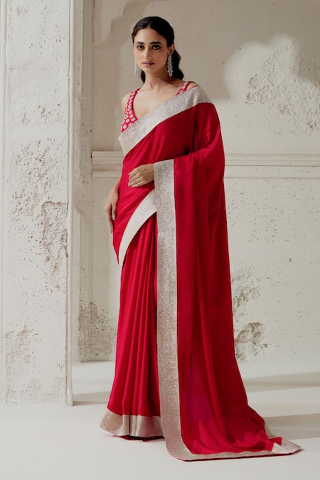 Buy Ranian Red Silk Satin Gota Patti, Embroidery Plunge Neck Woven Border Saree With Blouse Online at Aza Fashions Buy_Ranian_Red Silk Satin Gota Patti, Embroidery Plunge Neck Woven Border Saree With Blouse _Online_at_Aza_Fashions
