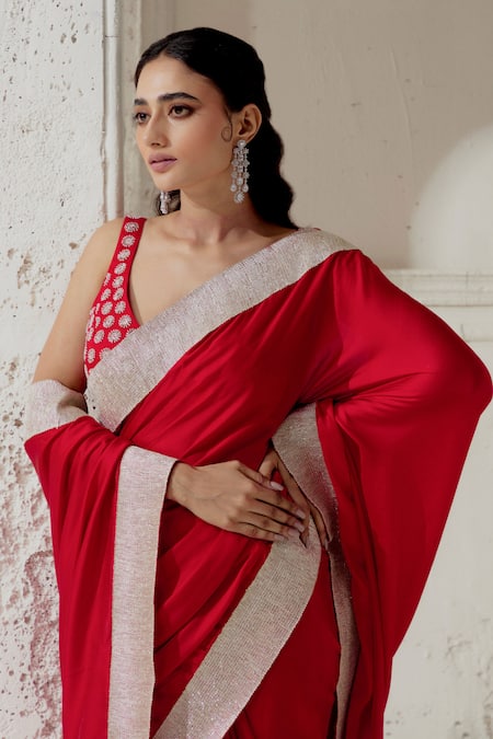 Shop Ranian Red Silk Satin Gota Patti, Embroidery Plunge Neck Woven Border Saree With Blouse Online at Aza Fashions Shop_Ranian_Red Silk Satin Gota Patti, Embroidery Plunge Neck Woven Border Saree With Blouse _Online_at_Aza_Fashions