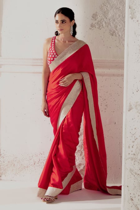 Ranian Red Silk Satin Gota Patti, Embroidery Plunge Neck Woven Border Saree With Blouse at Aza Fashions Ranian_Red Silk Satin Gota Patti, Embroidery Plunge Neck Woven Border Saree With Blouse _at_Aza_Fashions