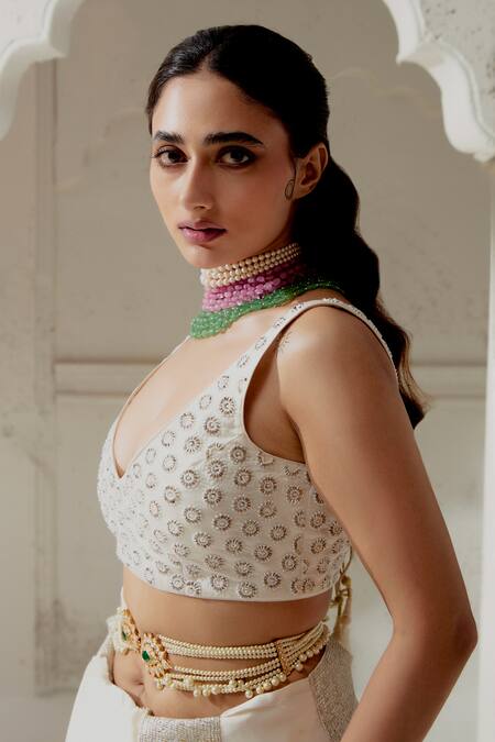 Ranian Ivory Silk Satin, Linen Gota Patti, Embroidery Woven Border Saree With Blouse at Aza Fashions Ranian_Ivory Silk Satin, Linen Gota Patti, Embroidery Woven Border Saree With Blouse _at_Aza_Fashions