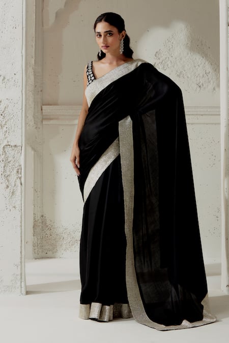 Ranian Black Silk Satin Woven Gota Plunging Edging Saree With Embroidered Blouse 