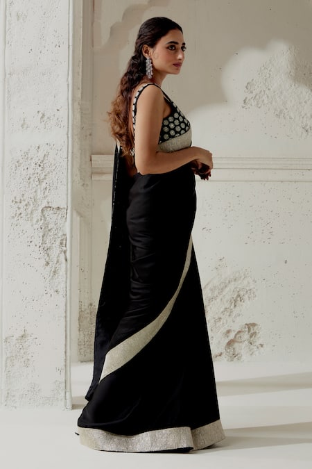 Shop_Ranian_Black Silk Satin Gota Patti, Embroidery Woven Edging Saree With Blouse _Online_at_Aza_Fashions