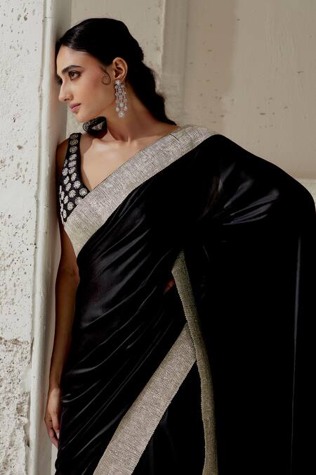 Ranian_Black Silk Satin Gota Patti, Embroidery Woven Edging Saree With Blouse _at_Aza_Fashions