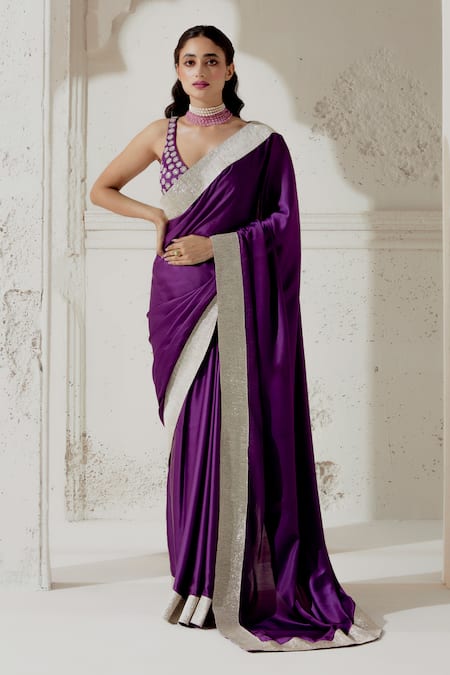 Ranian Purple Silk Satin Woven Gota Plunging Border Saree With Blouse 